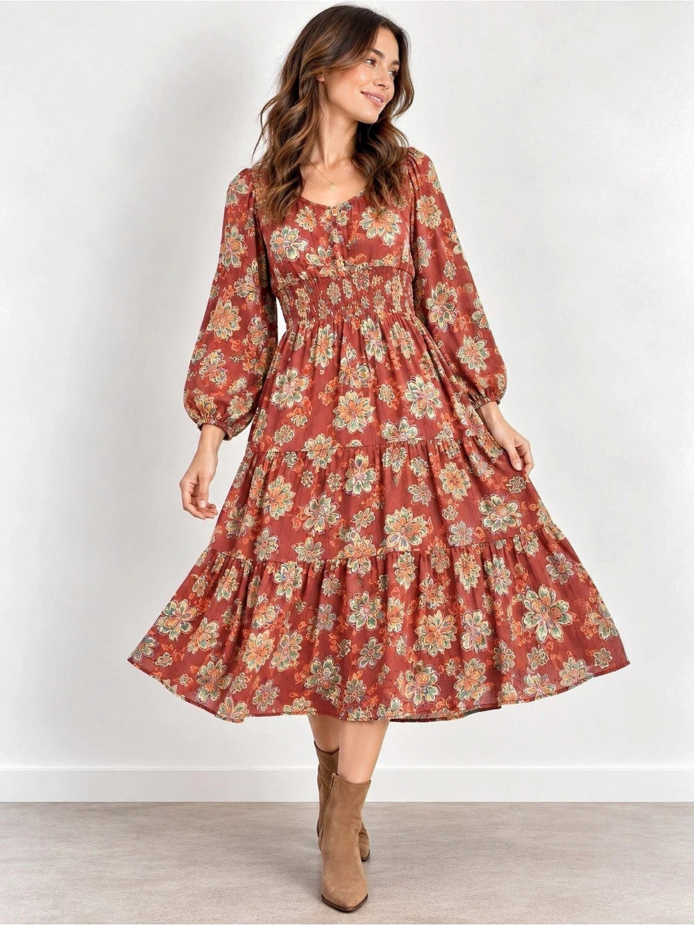 Casel Floral Midi Dress in Red Size Small Like New
